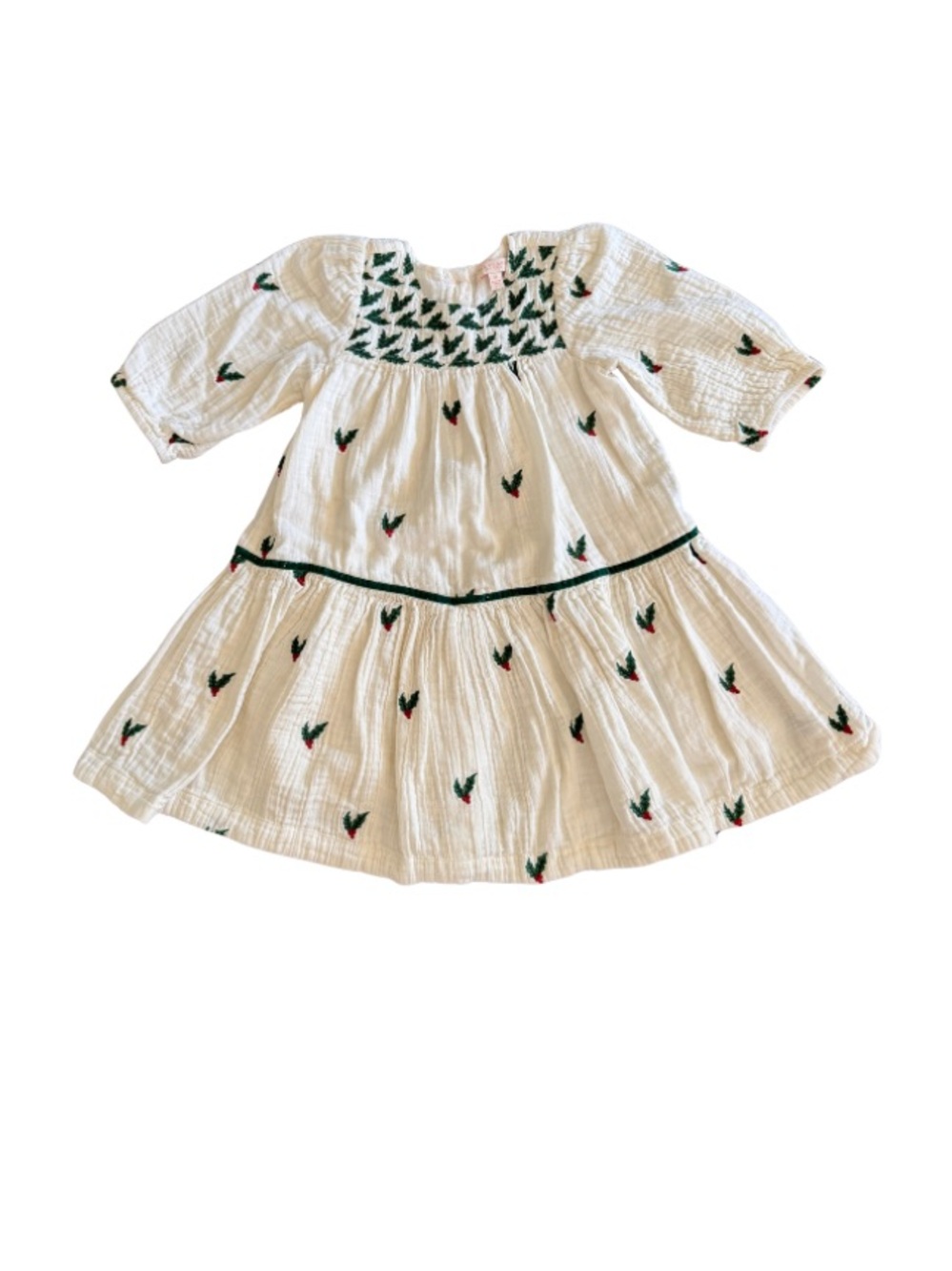 🎄 Pink Chicken Girls Ivory Holly Embroidered Dress Size 5 Holiday Smocked ✨